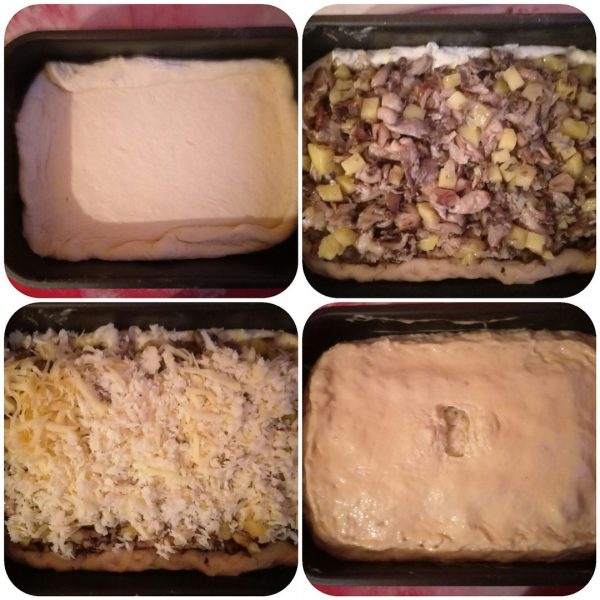Пирог с грибами вешенками, картофелем и сыром из дрожжевого теста